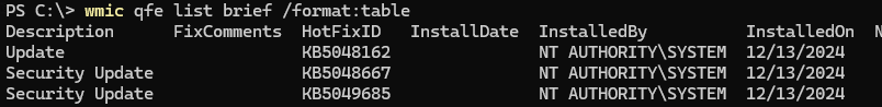 wmic qfe list brief вывести установленные обновления