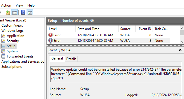 wusa /quiet - ошибка при тихом удалении обновления 2147942487 "The parameter is incorrect." 