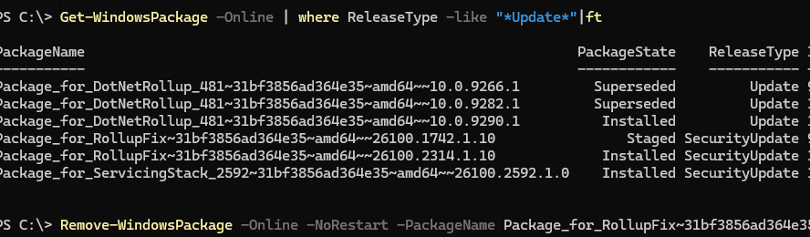 Удаление обновлений с помощью Remove-WindowsPackage 
