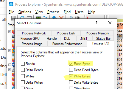 Process Explorer - добавить информацию об операция ввода вывода