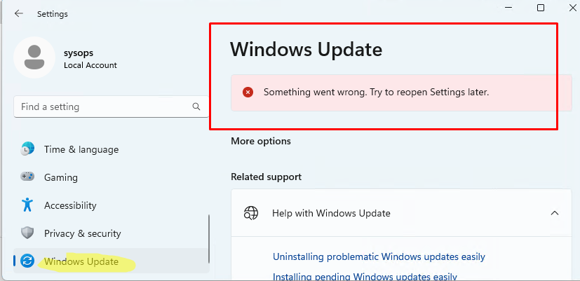 Ошибка при открытии Windows Update в панели Параметры.