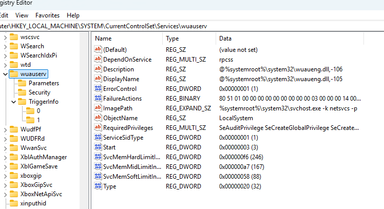 Ветка службы wuauserv появилась в реестре