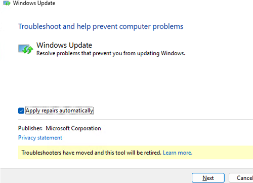 Запустить средство устранения неполадок Центра обновлений Windows