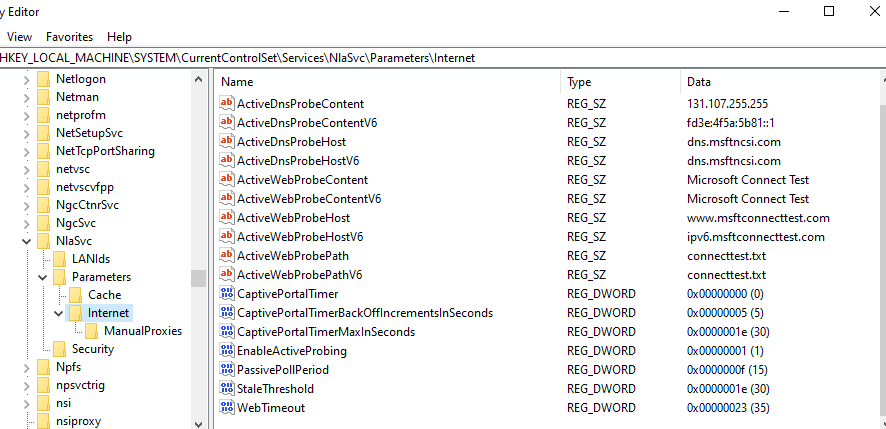 Настройки NlaSvc и NCSI в реестре, параметр EnableActiveProbing 