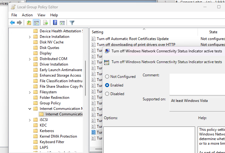 Групповая политика: Отключить активное зондирование для индикатора состояние сетевого подключения