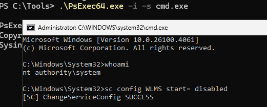 psexec запустить от имени system и отключить службу 