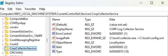 Настройки службы в реестре