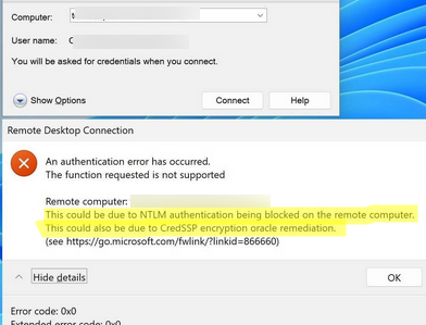 RDP ошибка An authentication error has occurred. The function requested is not supported. This could be due NTLM authentication being blocked on the remote computer. 
