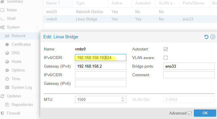 Изменить IP адрес или шлюз Proxmox