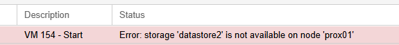 Proxmox ошибка запуска ВМ: storage 'atastore2 is not available on node prox01