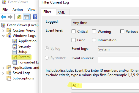 Фильтр журнала событий по eventID 6011