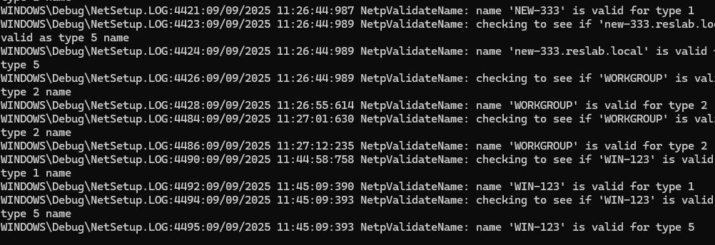 История смены имен и доменов/рабочих групп компьютера в файле C:WINDOWSDebugNetSetup.LOG