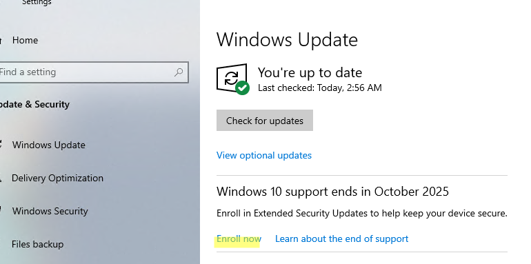 Кнопка Enroll now в панели Windows Update в Win 10
