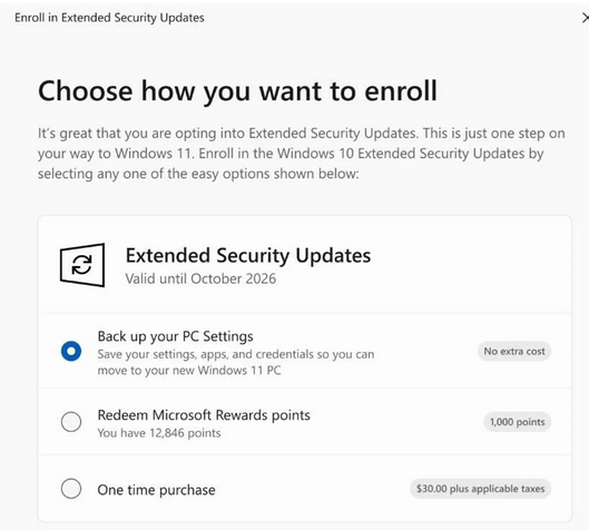 Выбрать тип подписки на расширенные обновления безопасности Windows 10 ESU