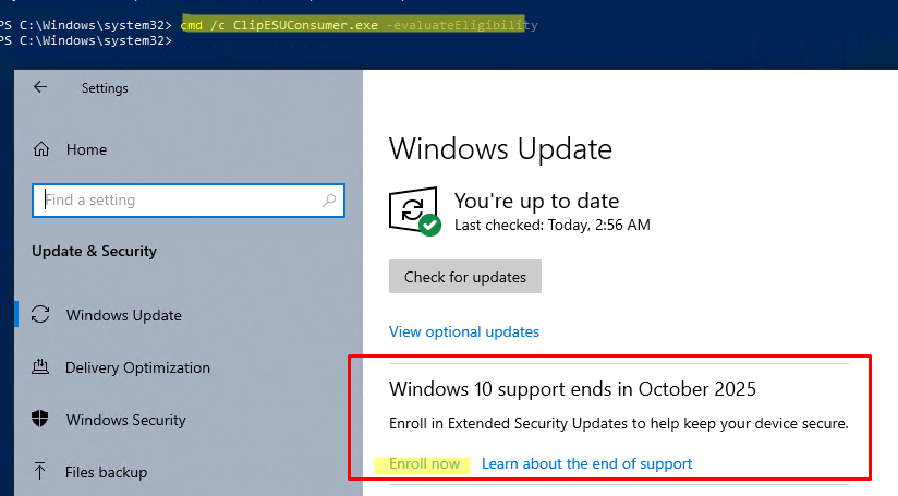 cmd /c ClipESUConsumer.exe -evaluateEligibility