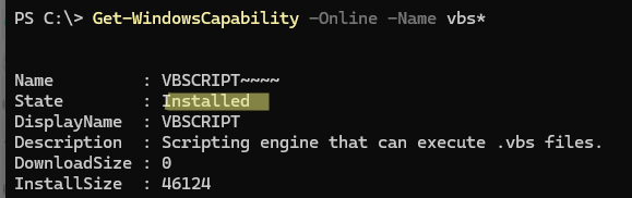 PowerShell: Get-WindowsCapability -Online -Name vbs