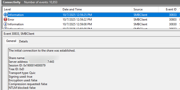 Событие 30832 - использование QUIC для SMB подключения к общей папке