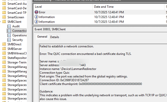 30803 ошибка QUIC connection encountered a bad certificate during TLS