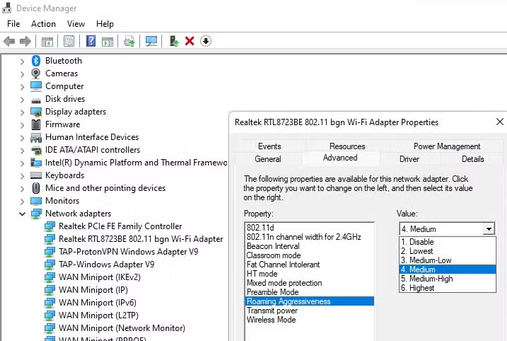 Настройка агрессивности роуминга для wifi в свойствах адаптера