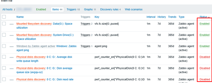 Отключение некоторых метрики в настройках хоста в Zabbix