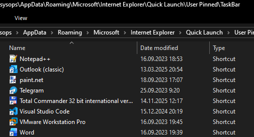 Закрепить/открепить ярлык в панели задач Windows 11 с помощью PowerShell 2 Каталог с ярлыками закрепленных приложений Windows: Quick LaunchUser PinnedTaskBar